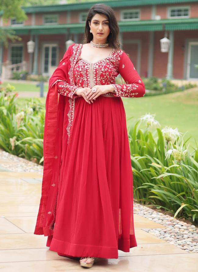 Faux Blooming Red Party Wear Sequins Work Readymade Anarkali Suit